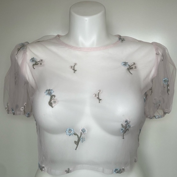Forever 21 ShirtTops Large LightPink Embroidery Floral Sheer Croptop Puff Sleeve - Picture 5 of 12
